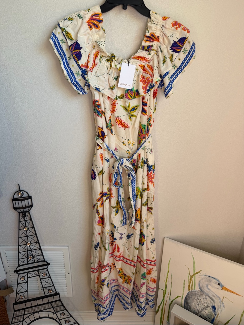 NWT SugarLips Miraflor Off Shoulder Linen Blend Floral Maxi Dress Belted Sz S - Picture 2 of 8
